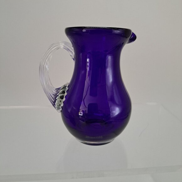 Pilgrim Glass Cobalt Blue Pitcher Clear Ribbed Applied Handle Vintage - Picture 4 of 10